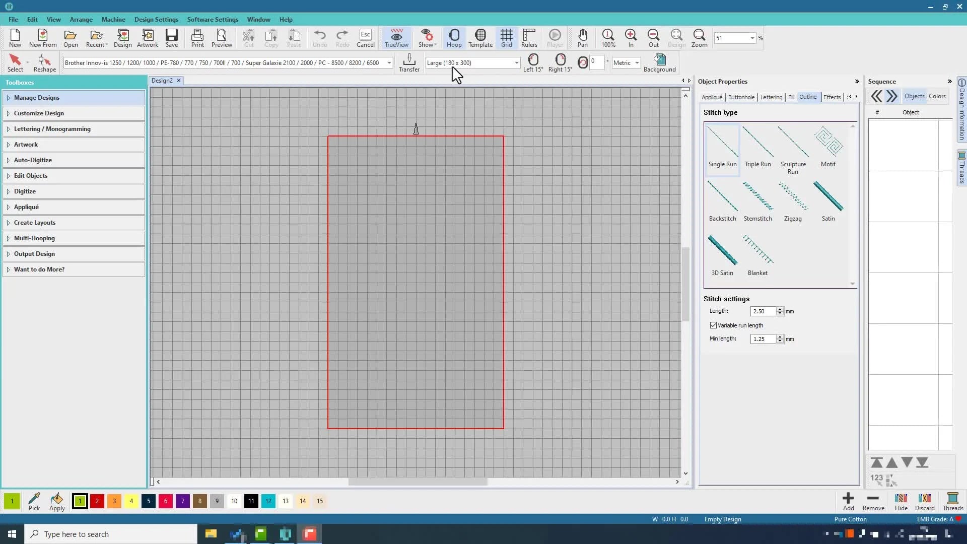Screenshot of Hatch software setting hoop to manual position.