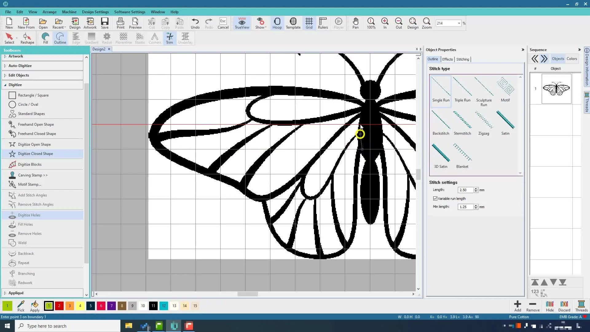 Screenshot of a butterfly wing being digitized using mouse clicks to create an outline.