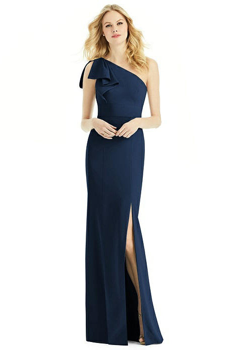 navy blue one shoulder dress