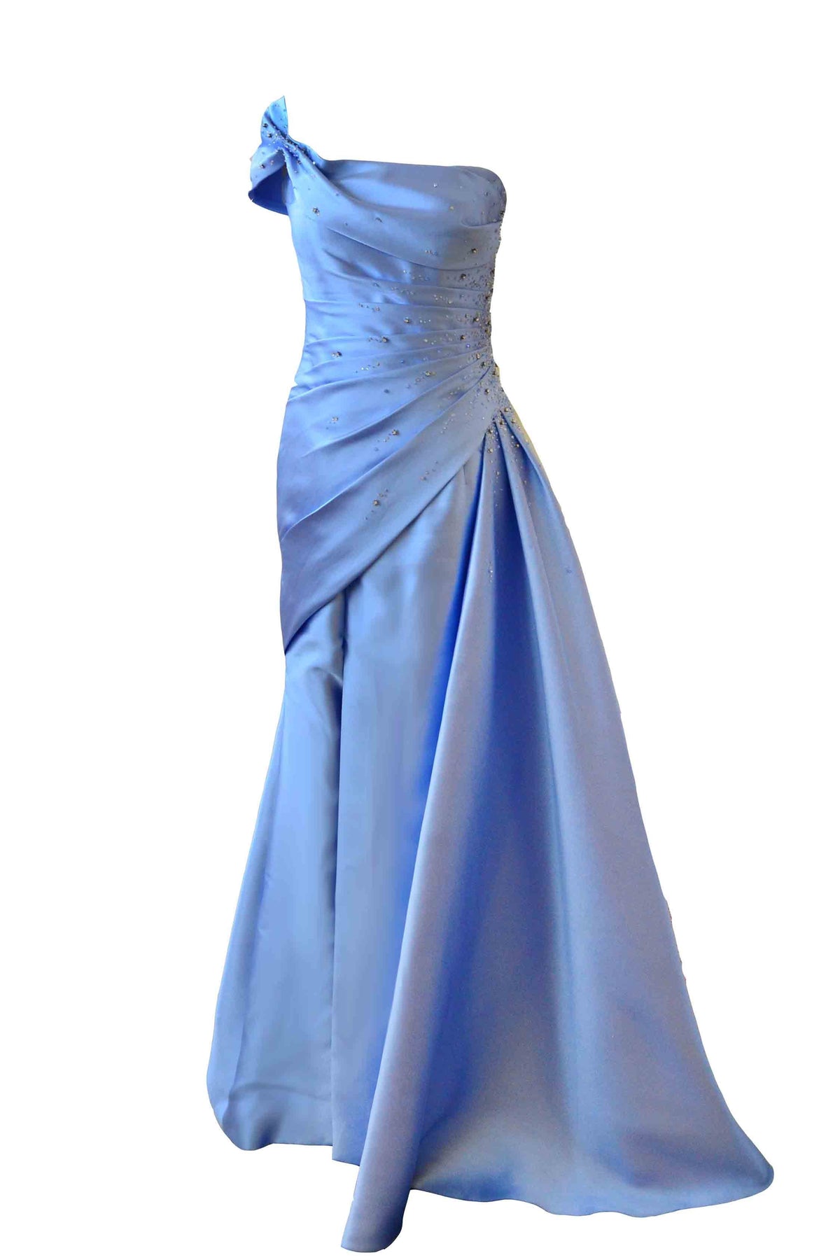 blue one shoulder gown