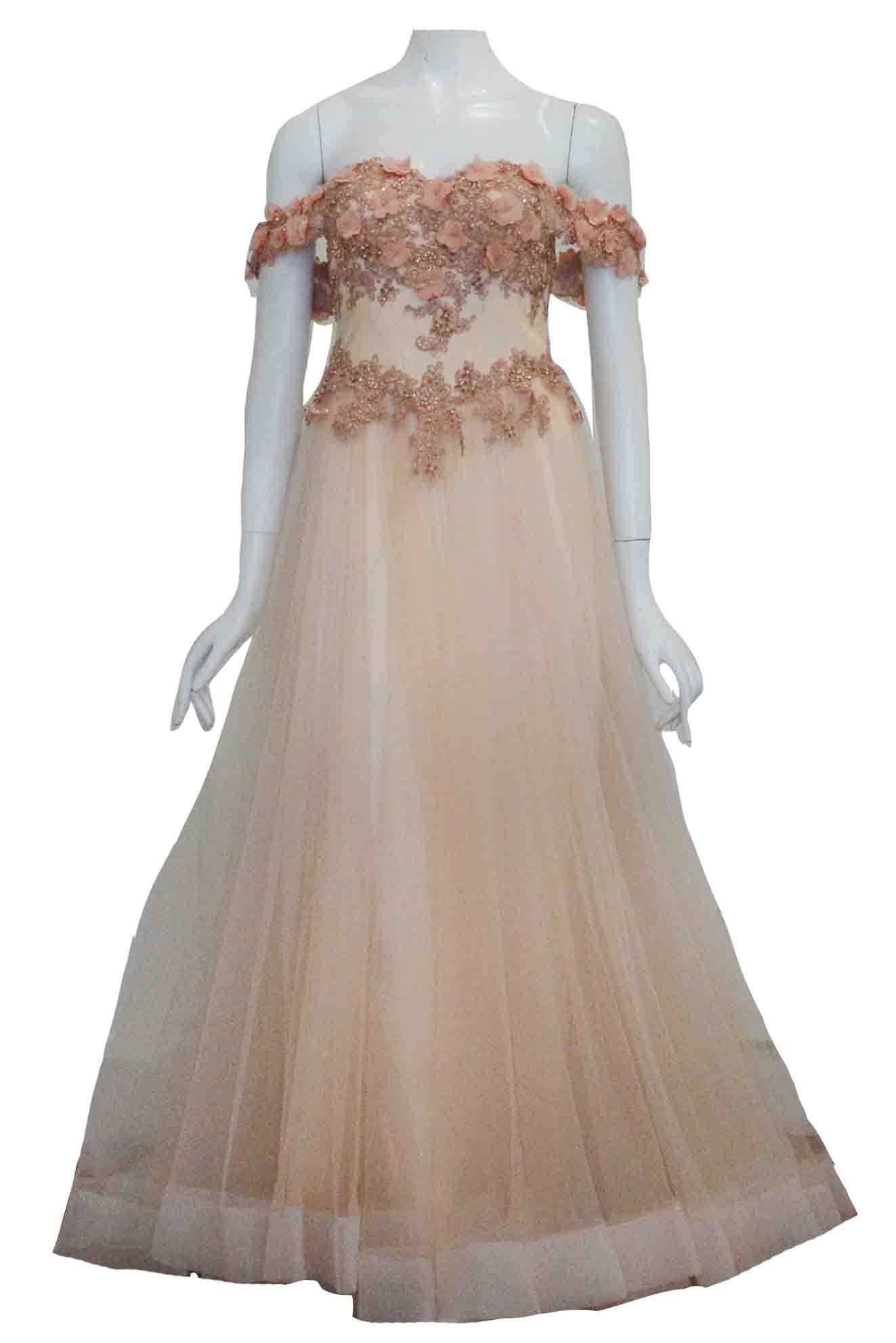 peach off shoulder gown