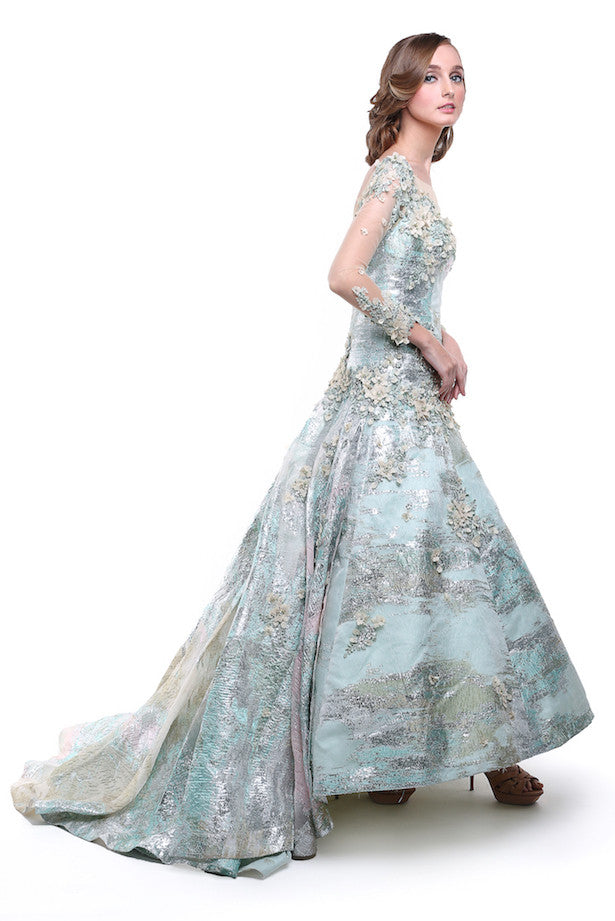  Hian  Tjen  Blue Green Jacquard Gown  TheDresscodes com