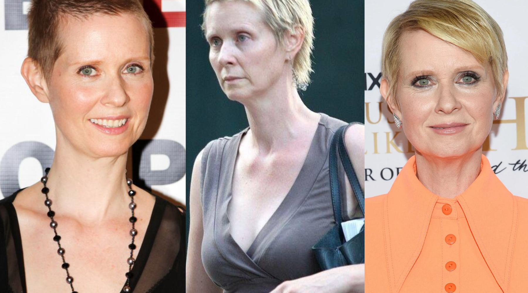 The images shows three photographs of Cynthia Nixon over the decades. In each image the skin appears slightly flushed.