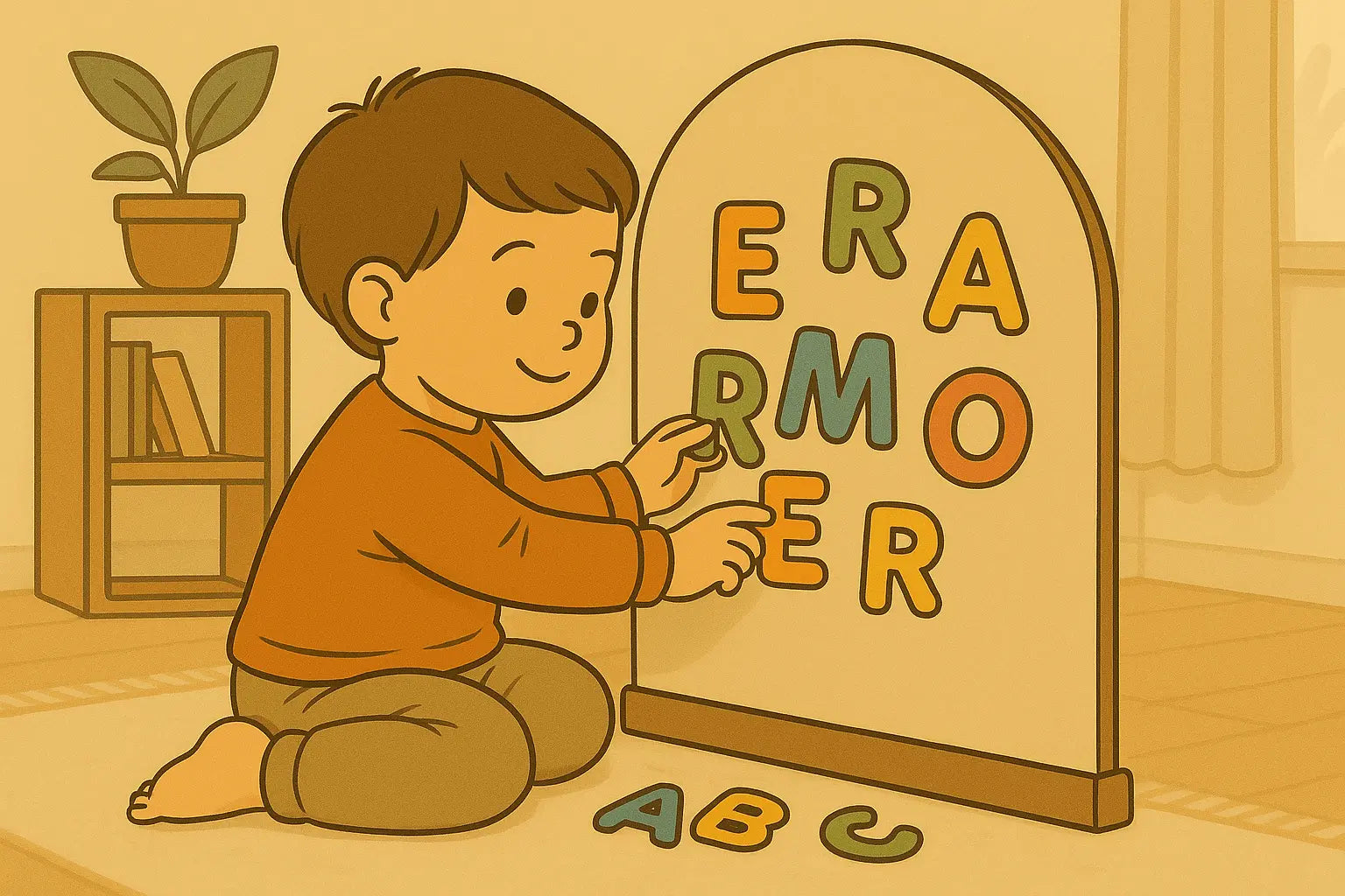A young toddler with short brown hair, wearing an orange long-sleeve shirt and beige pants, sits on the floor in a warm, softly lit Montessori-inspired room. The child is focused on arranging colorful magnetic letters on a large, arch-shaped magnetic board, with additional letters scattered nearby. A wooden shelf with books and a plant is in the background, contributing to the calm, educational atmosphere.