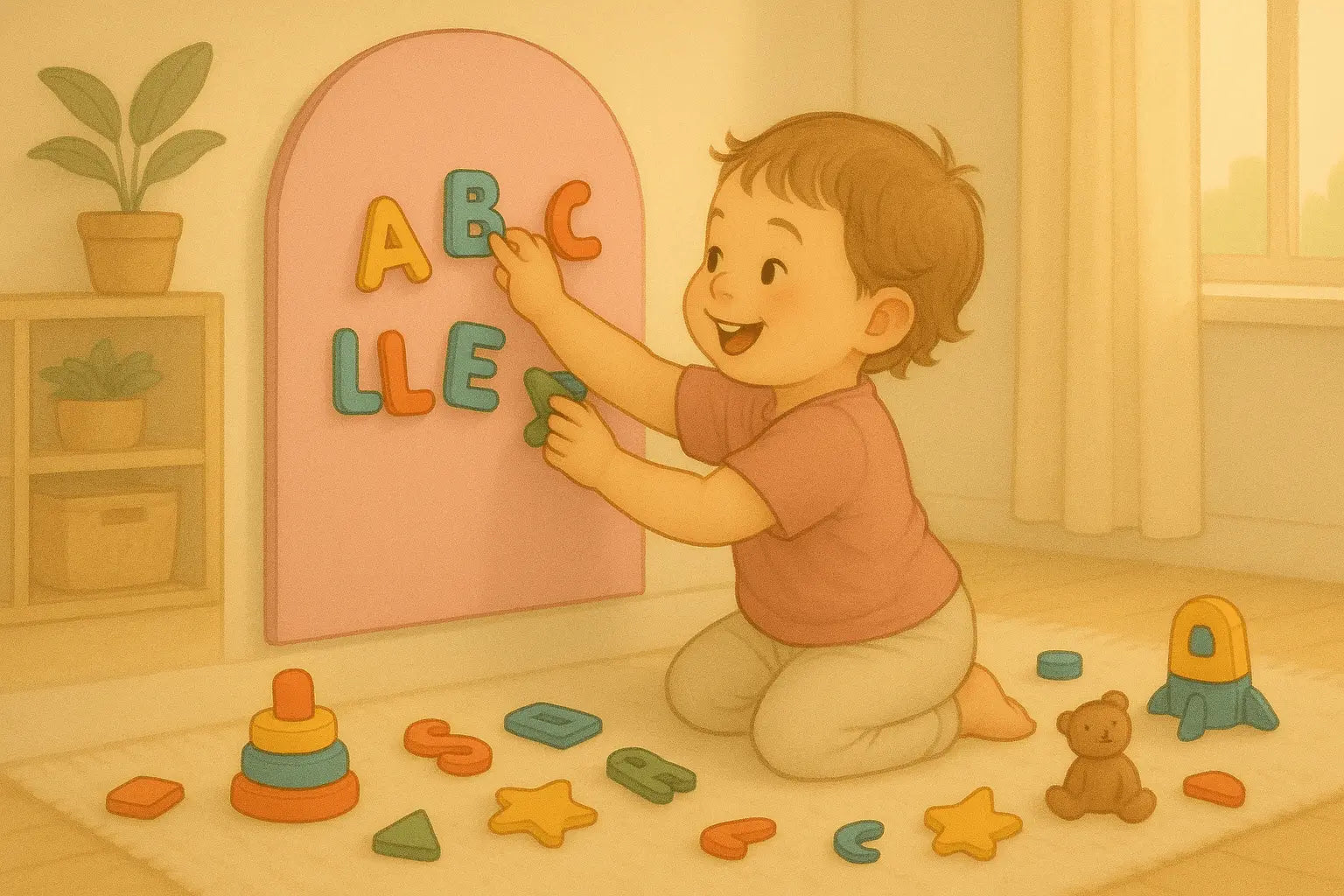 Toddler spelling their name with colorful magnetic letters on a large arch-shaped Magnimoo wall decal in a modern Montessori-inspired playroom.