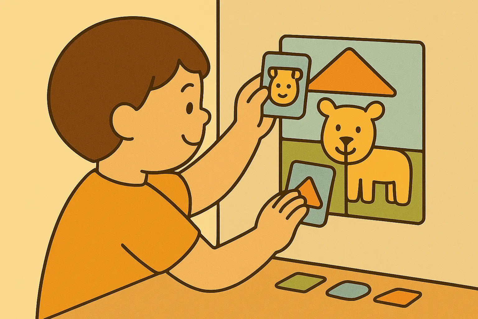 A young child places illustrated magnetic cards onto a matching puzzle board on the wall. The puzzle features a lion with sections for the face and background shapes. The child is smiling and engaged in independent, hands-on play, with additional magnetic cards on the table in front. The scene uses warm, muted colors and a simple, cartoon-style design.