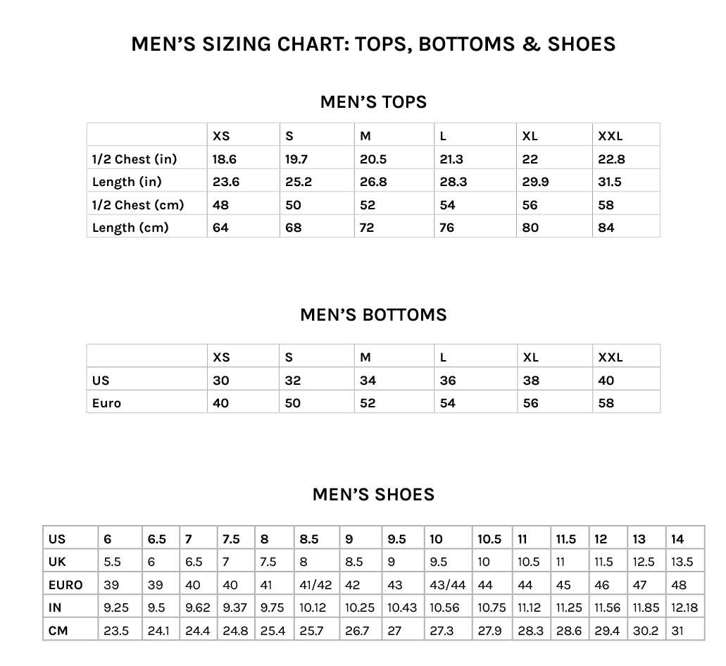 Men's Sizing Chart: Tops, Bottoms 
