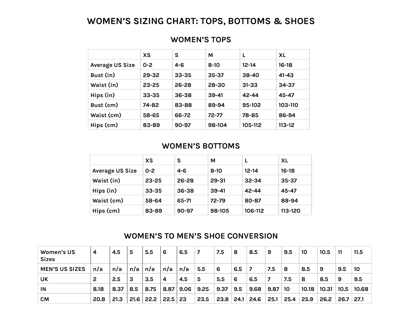 Women's Sizing Chart: Tops, Bottoms & Shoes – Xhibition