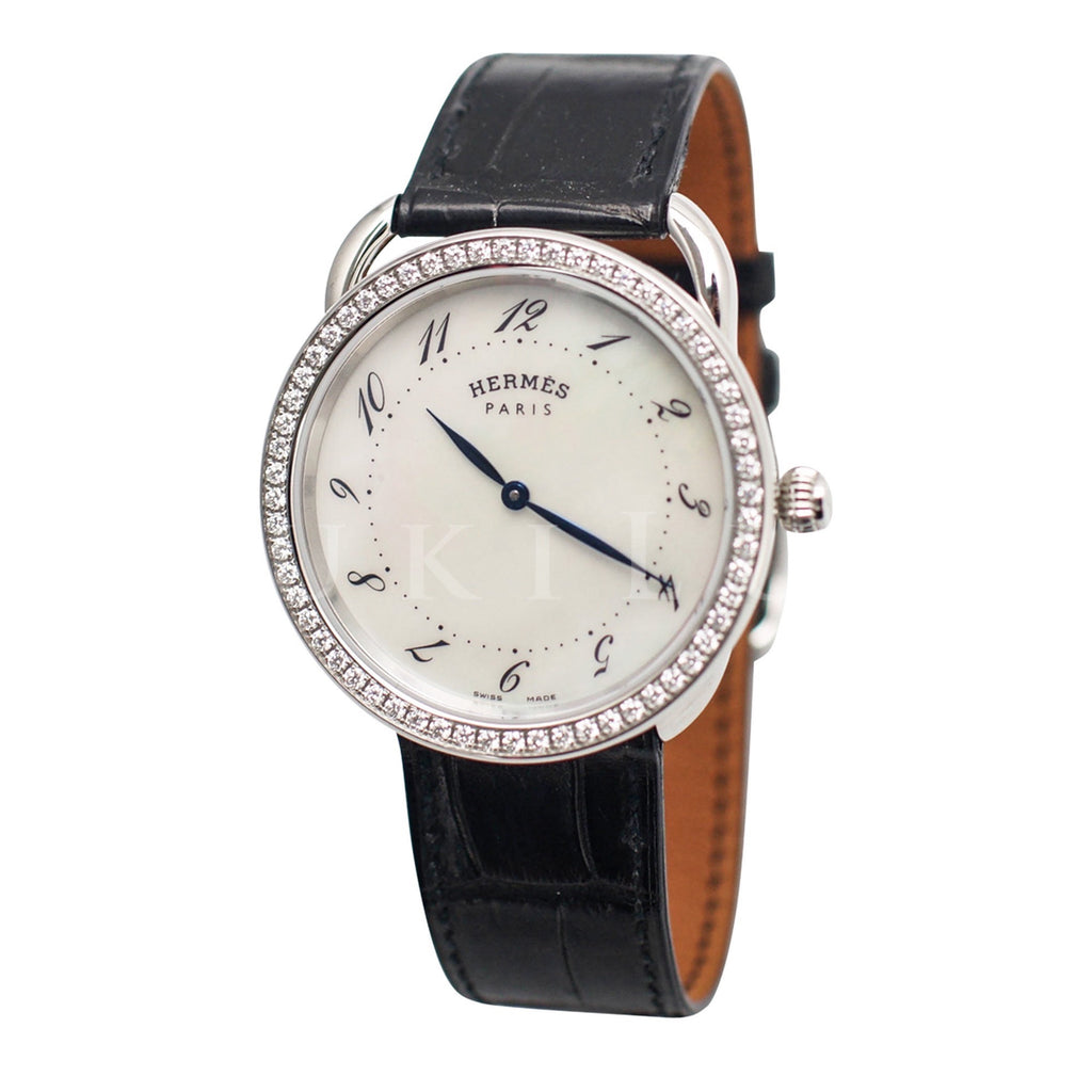 Hermès Arceau Diamond Bezel Watch GM - Stainless Steel/ Black Alligato ...