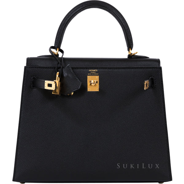 Hermès Kelly 25cm Sellier Chevre Mysore Goatskin Noir 89 Gold Hardware ...