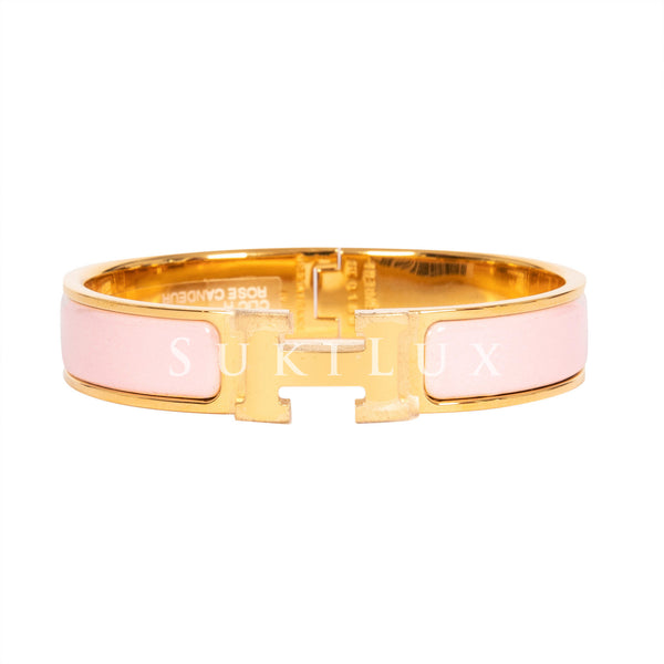 Hermès Clic Clac H Narrow Rose Candeur Pink Enamel Bracelet Gold Hardw ...