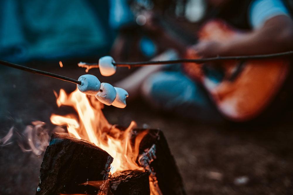 Marshmallows on twigs roasting over a campfire