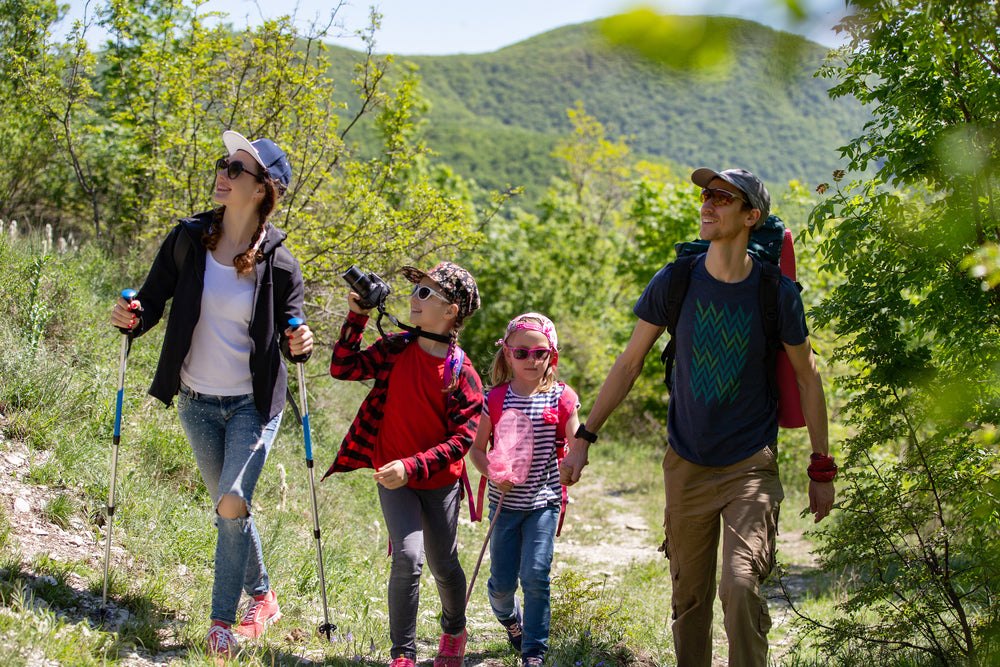 A young family of four bushwalking