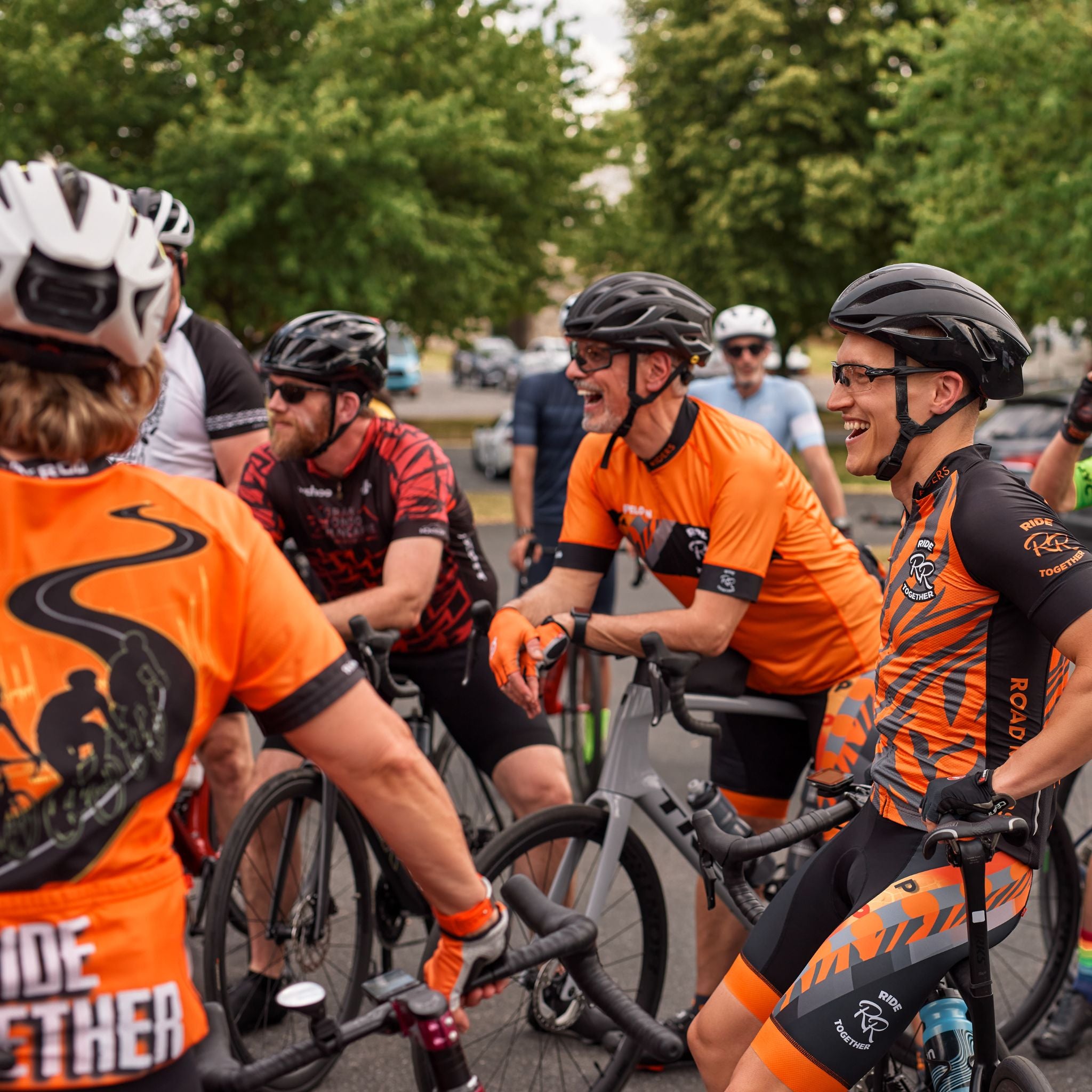 Matt Wilpers talking to fellow cyclists prior to their Gran Fondo