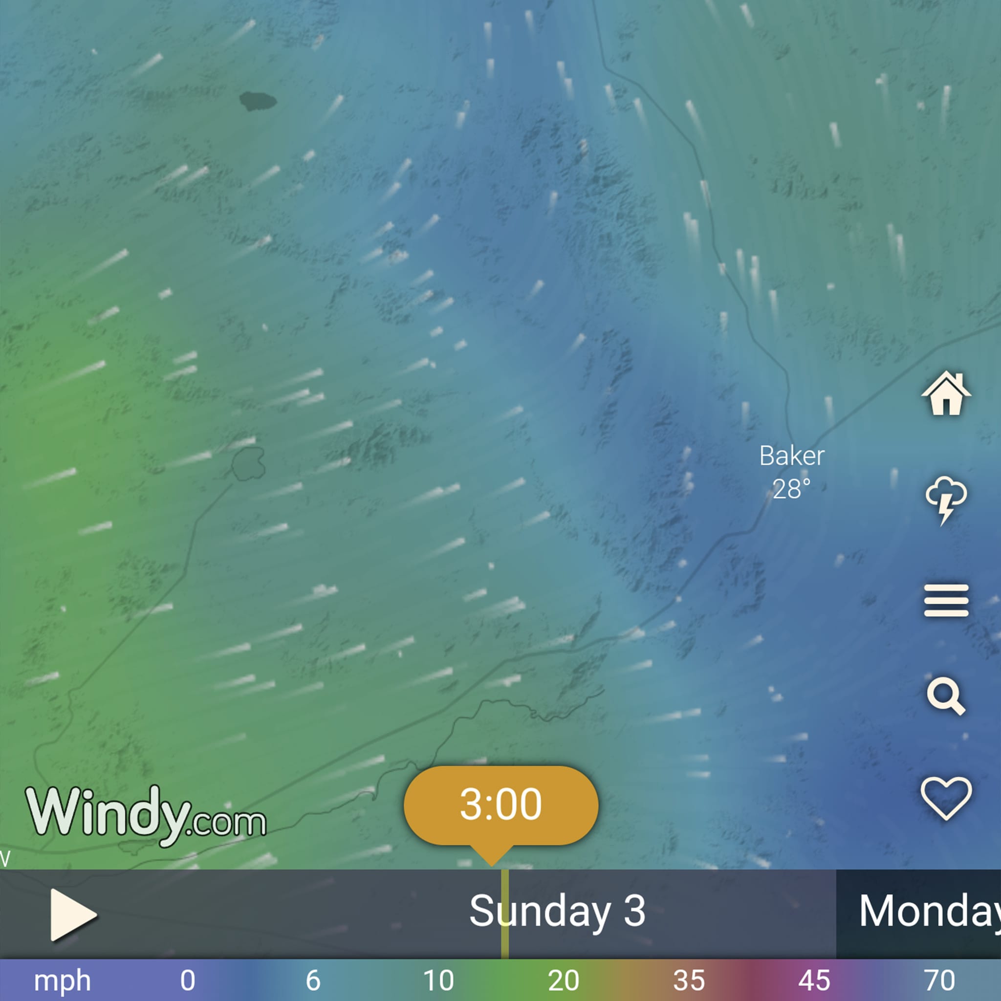 Screenshot of Wind App detailing wind speeds throughout the Death Valley area