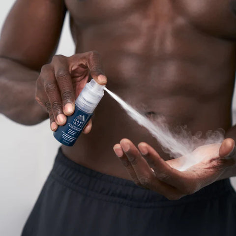 A male athlete applying the Anti-Everything Body Powder
