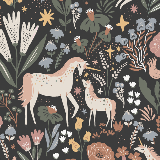 Unicorn Meadow Repeat Wallpaper Roll | Charcoal - Munks and Me Wallpaper