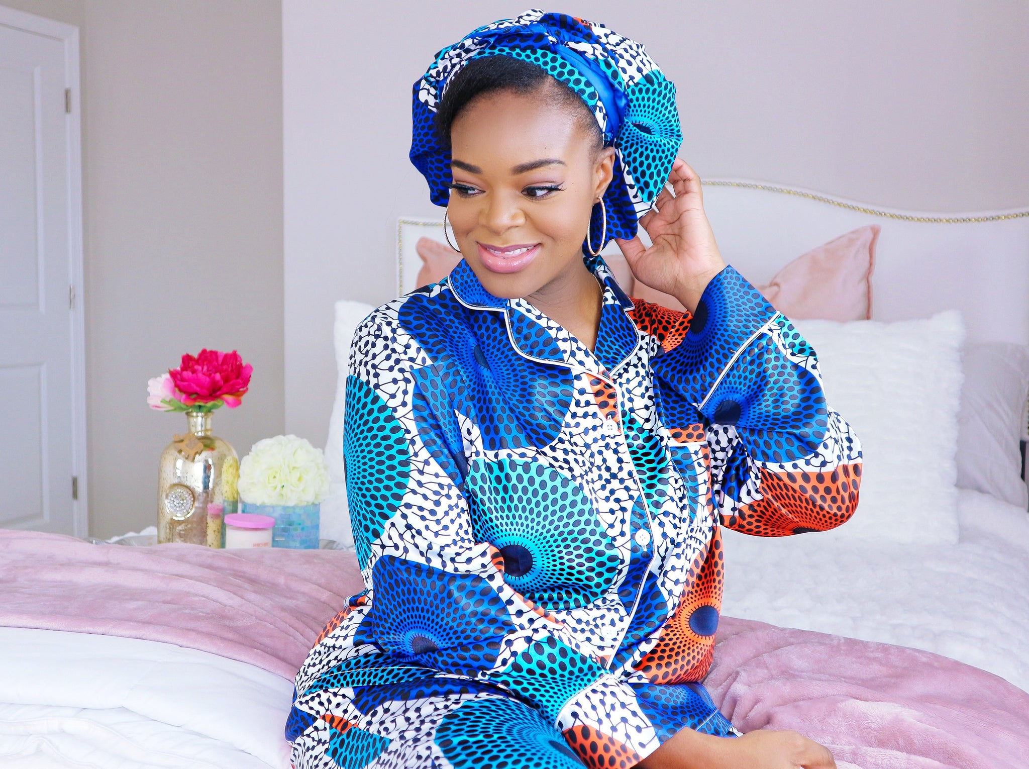 African Print Satin Long sleeve Pajama Set | Nkeoma By Ivy & Livy