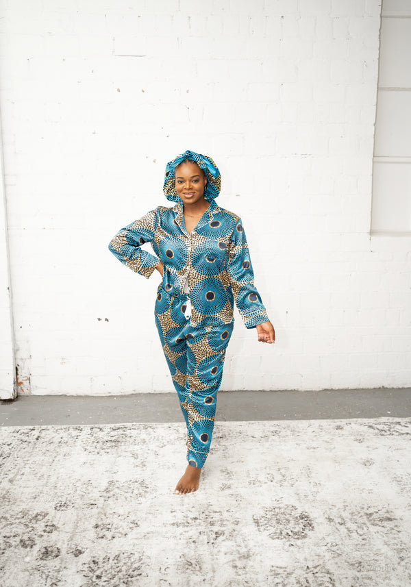 African Kente Print Satin Long Sleeve Pajama Set