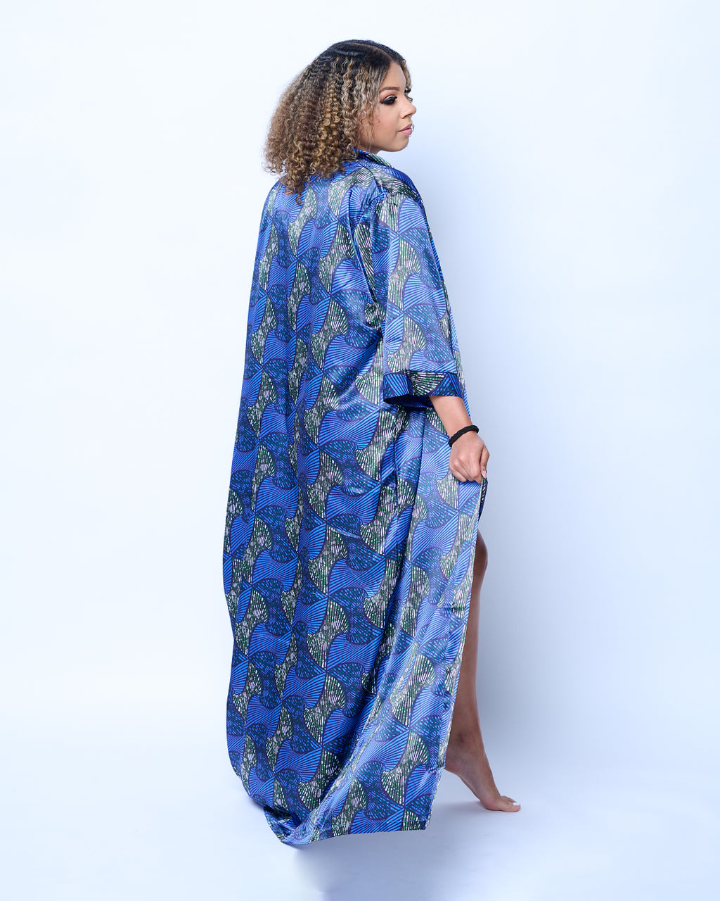 Long African Print Satin Robe Blue | Nkeoma By Ivy & Livy