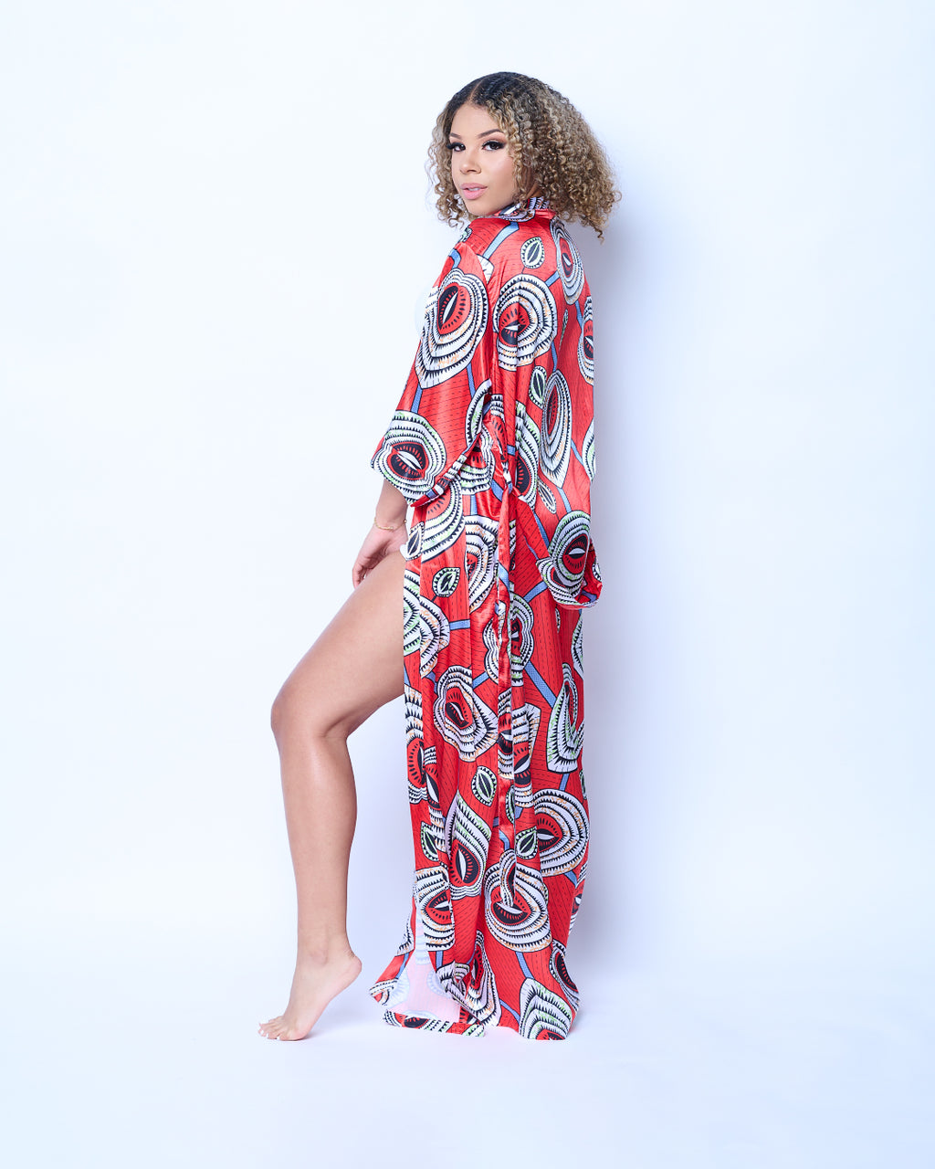 Long African Print Satin Robe Red | Nkeoma By Ivy & Livy