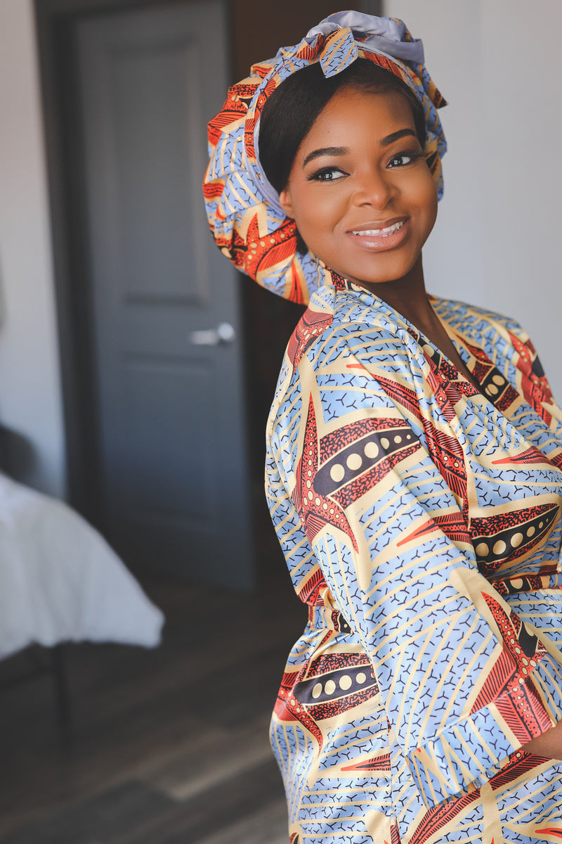 African Print Satin Robe Powder Blue | Nkeoma By Ivy & Livy
