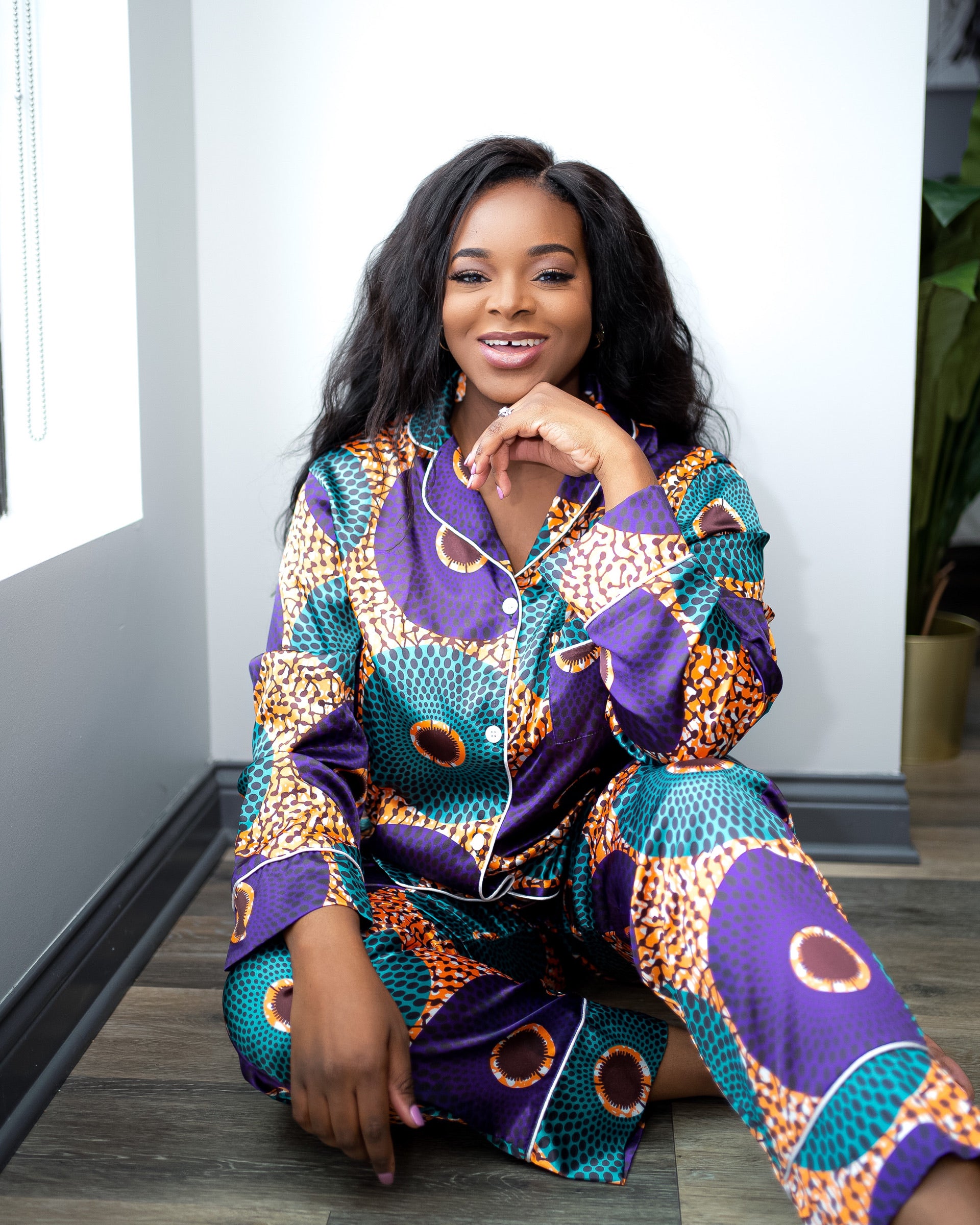 African Print Satin Long Sleeve Purple Pajama Set | Nkeoma By Ivy & Livy