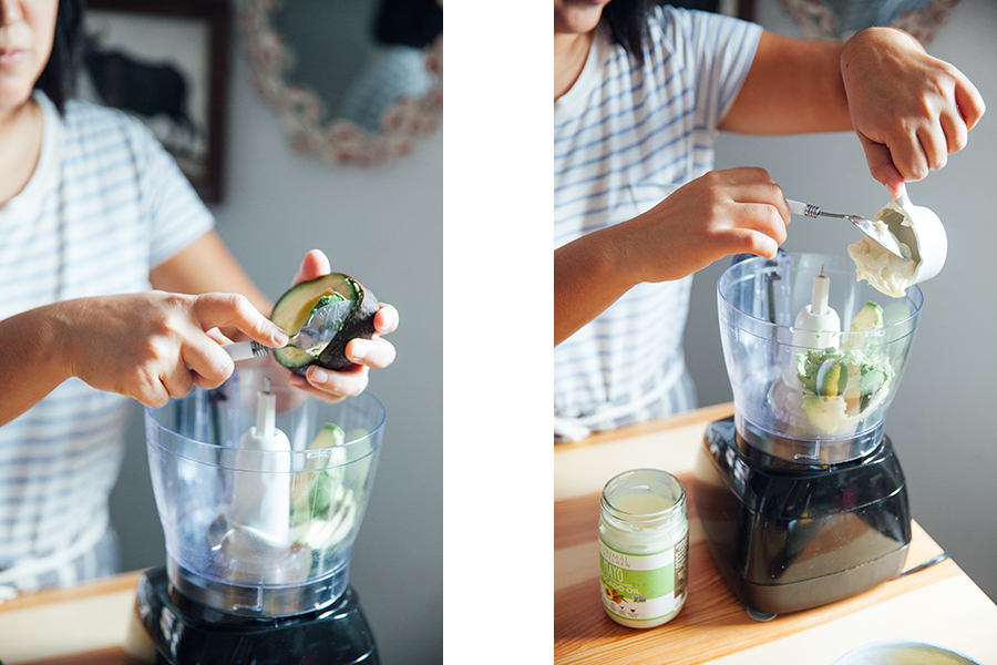 Side by side image of woman adding avocado and primal instincts mayo to a food processor. 