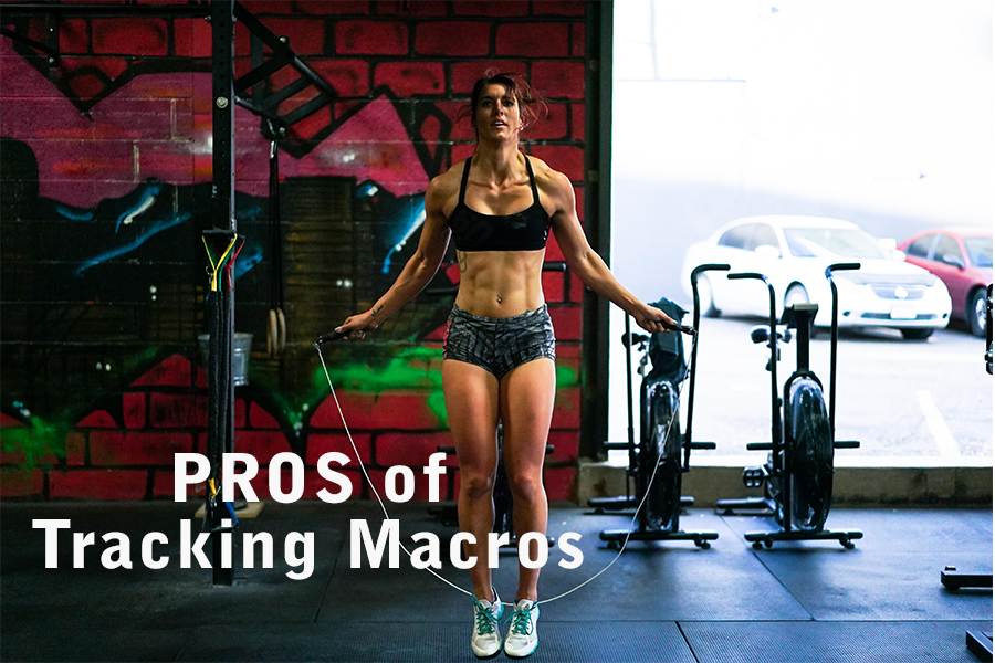 Image of young, fit woman jumping rope with text overlay "Pros of Tracking Macros"