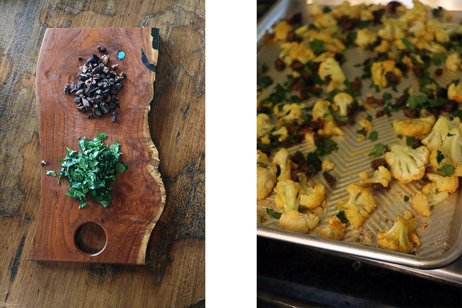 Side by side images. One of chopped parsley and chopped apricots on a rustic wooden cutting board. The other image is the pan of roasted cauliflower sprinkled with the chopped parsley and apricots.