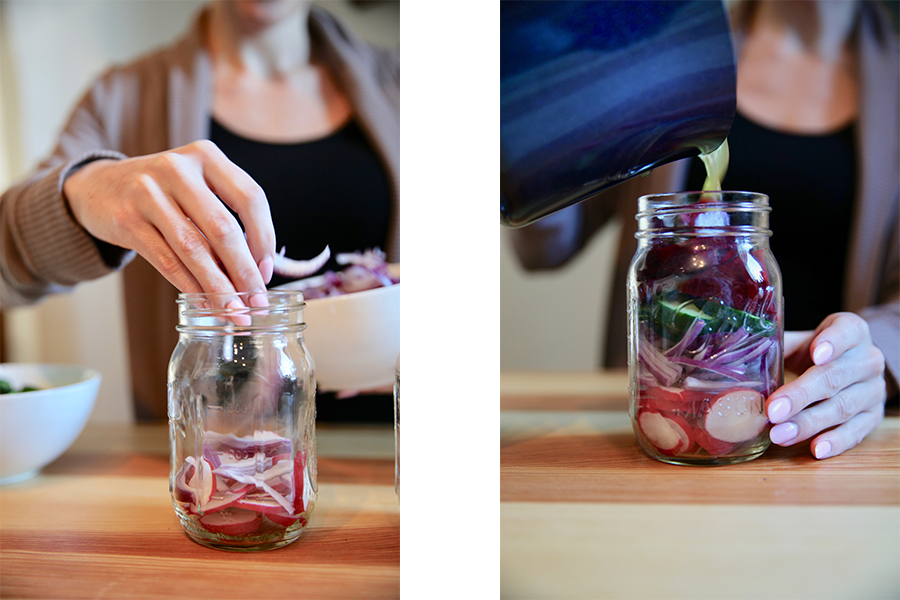 Side by side image of vegetables and bone broth being added to pickling container.