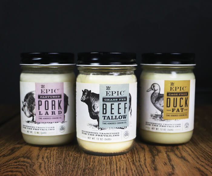 Jars of bison tallow, beef tallow, and duck fat 