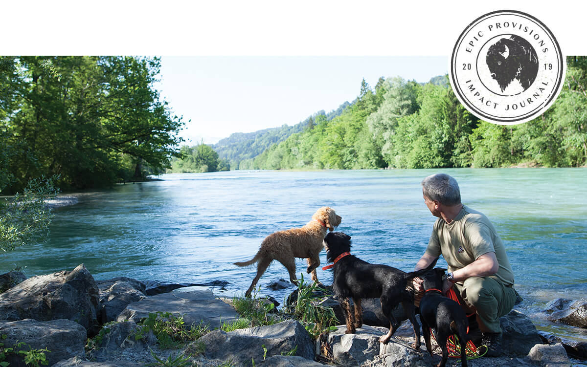 A man kneels down by a lake with three of his dogs near him. Altogether, they're looking away from the camera and looking into the scenery.