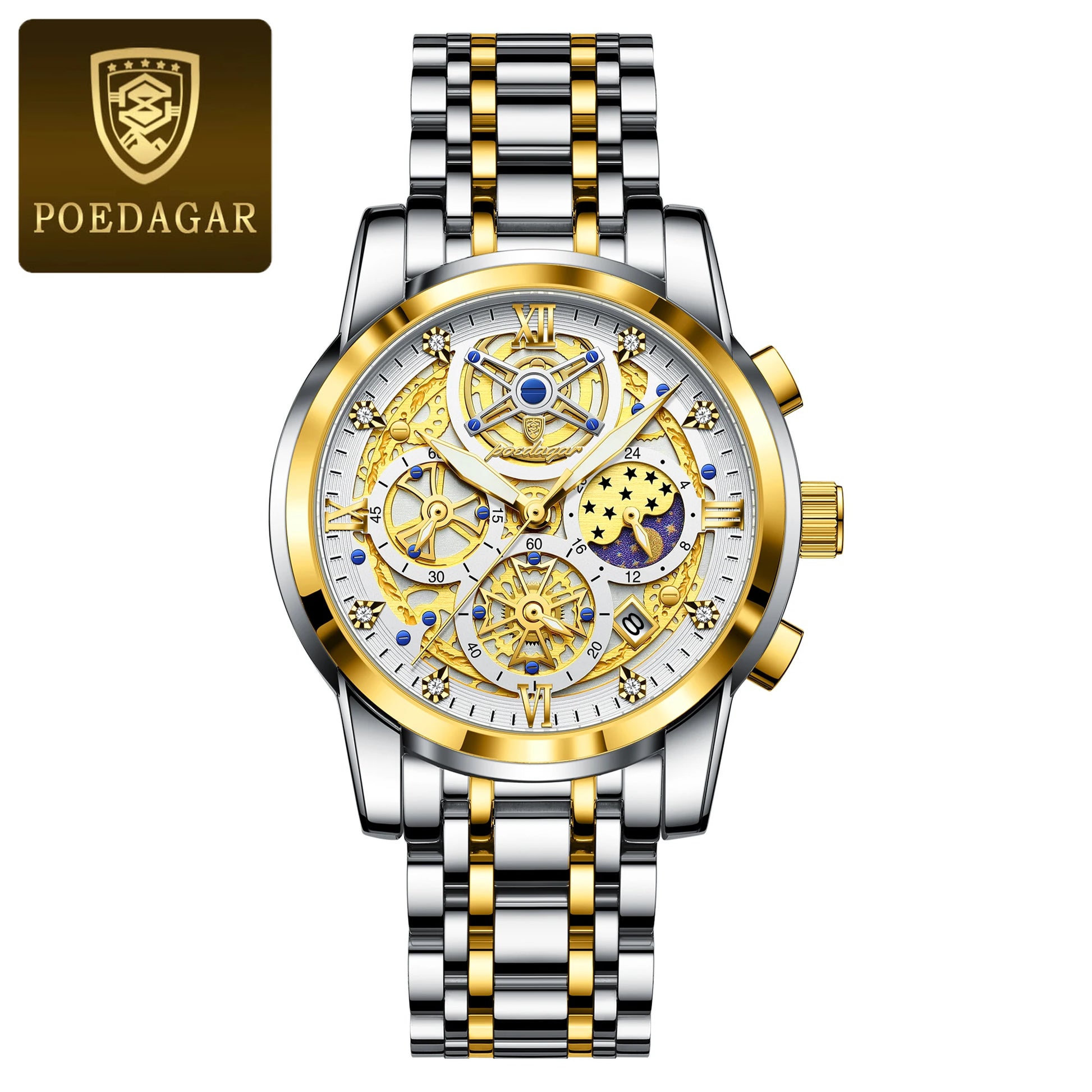 Montre Homme POEDAGAR – Luxe, Acier Inox, Étanche, Lumineuse, Chronographe, Date, Quartz