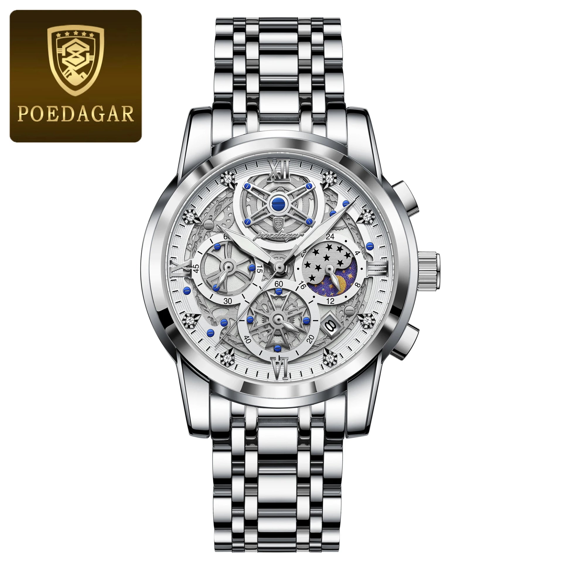 Montre Homme POEDAGAR – Luxe, Acier Inox, Étanche, Lumineuse, Chronographe, Date, Quartz