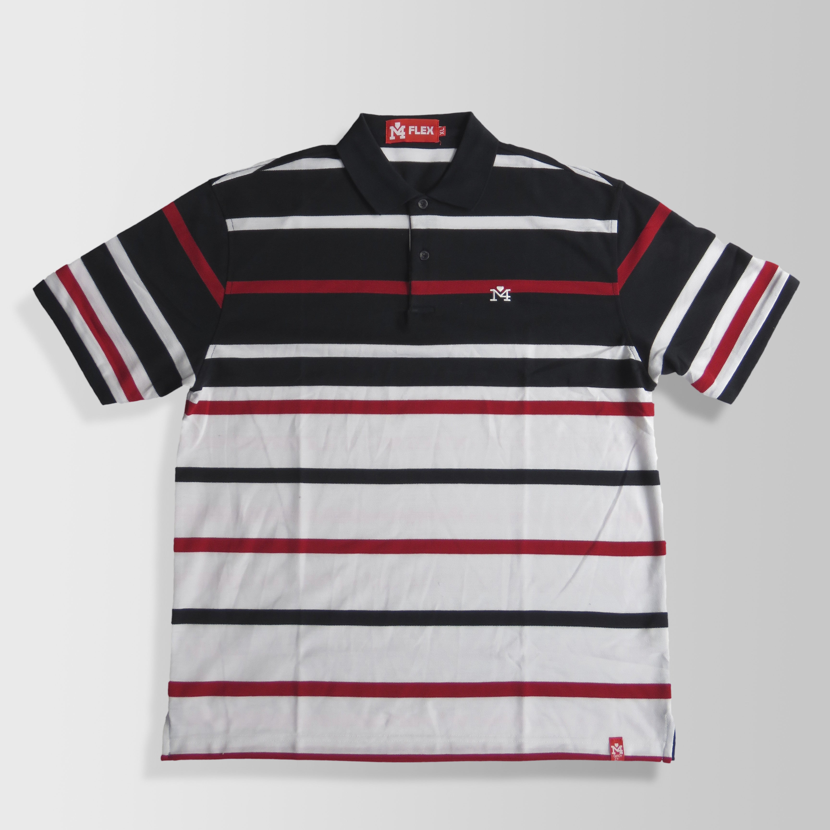 white and black striped polo shirt