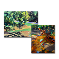 Landscape paintings in green and orange by Clive Pates at Cottage Curator