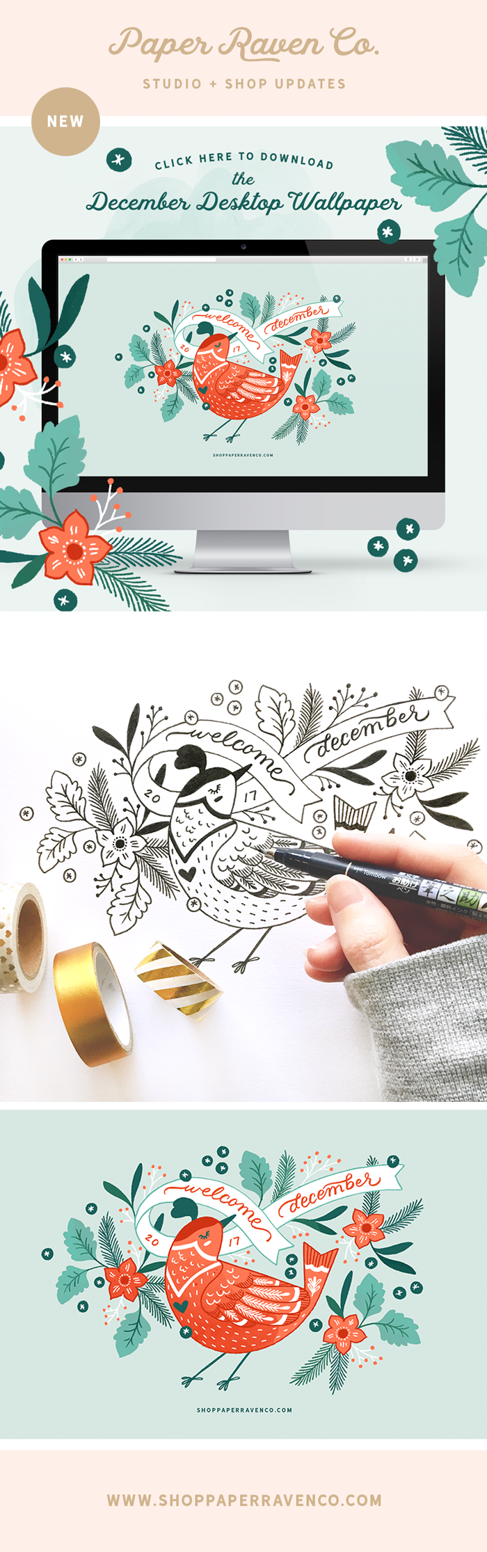 Paper Raven Co. December Illustrated Desktop Download - www.ShopPaperRavenCo.com