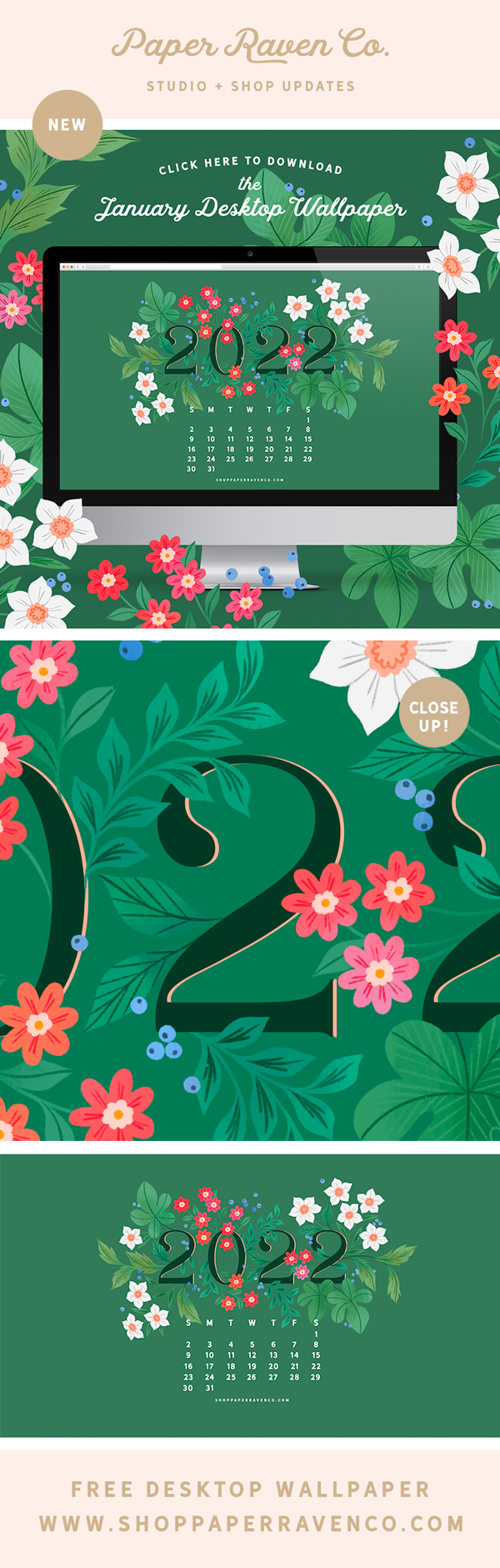 January 2022 Desktop Wallpaper by Paper Raven Co. #desktopwallpaper #dressyourtech #happy2022