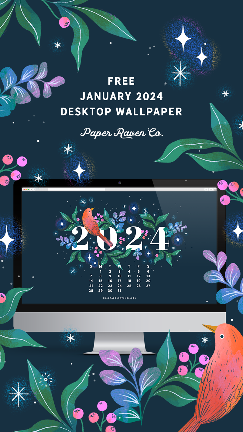 January 2024 Illustrated Desktop Wallpaper by Paper Raven Co. #dressyourtech #desktopwallaper