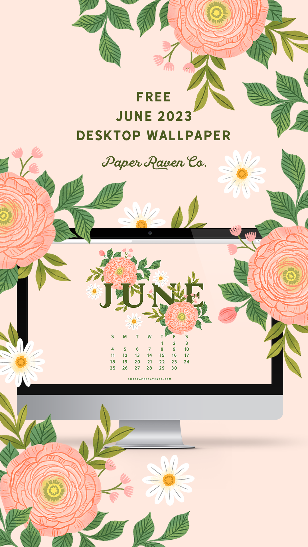 June 2023 Illustrated Desktop Wallpaper by Paper Raven Co. #dressyourtech #desktopwallpaper