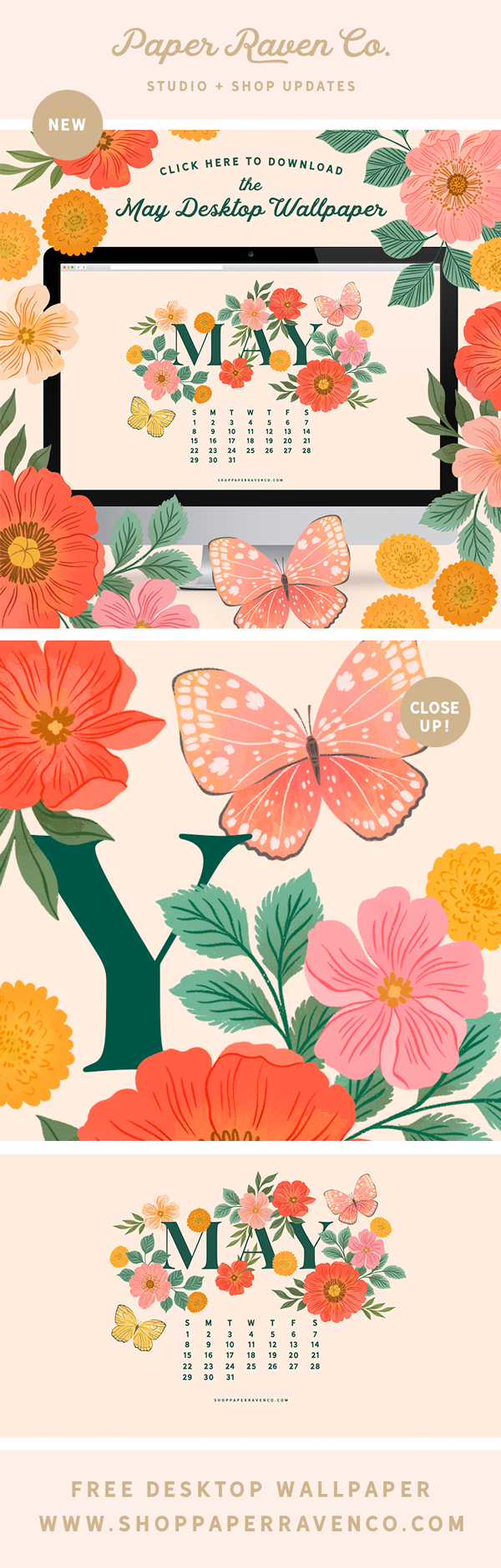 May 2022 Illustrated Desktop Wallpaper by Paper Raven Co. #dressyourtech #desktopwallpaper