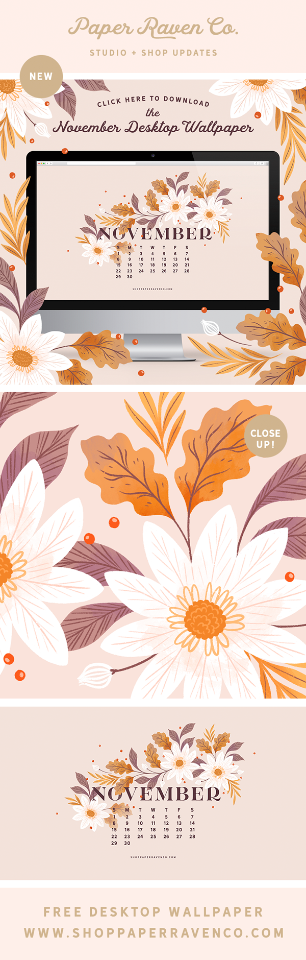 November 2020 Illustrated Desktop Wallpaper by Paper Raven Co. | www.ShopPaperRavenCo.com #dressyourtech #desktopwallpaper #desktopdownload