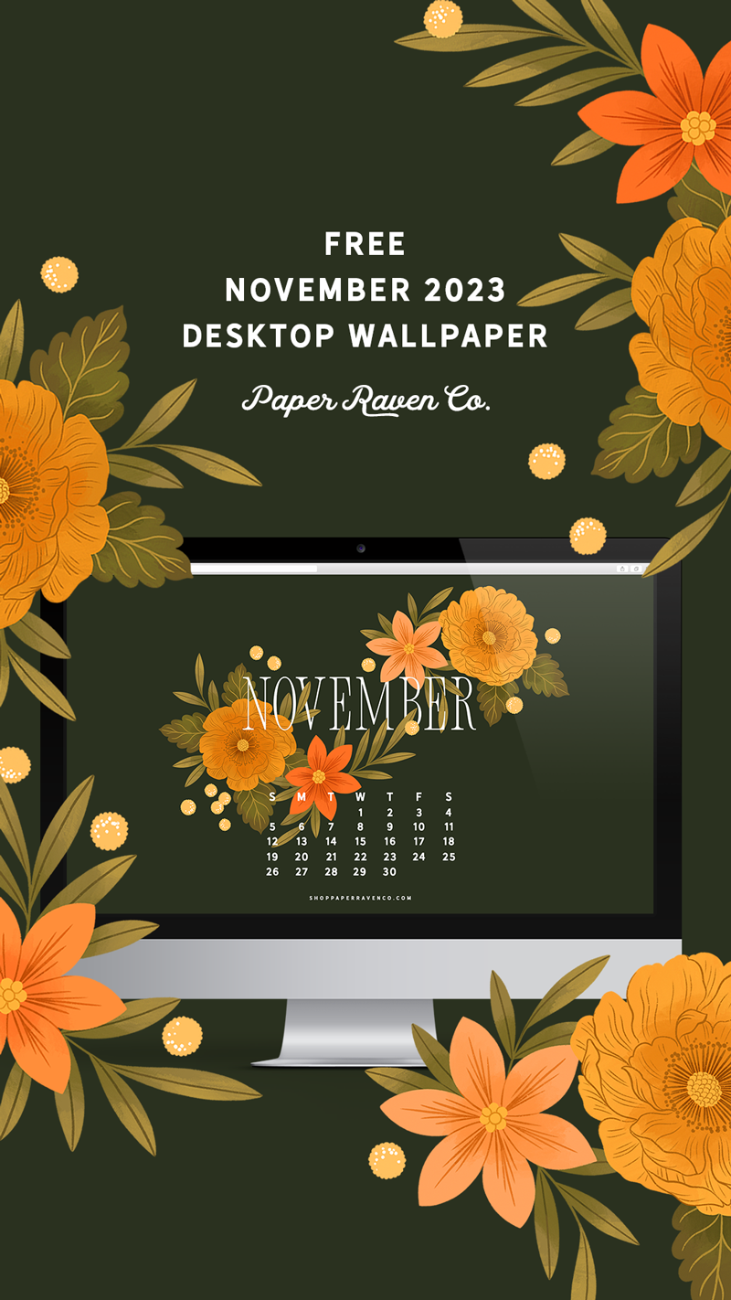 November 2023 Illustrated Desktop Wallpaper by Paper Raven Co. #dressyourtech #desktopwallpaper
