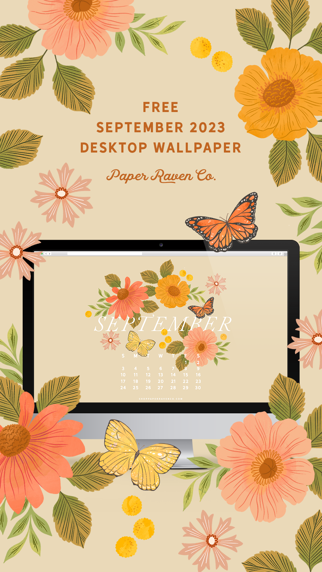 September 2023 Illustrated Desktop Wallpaper by Paper Raven Co. #dressyourtech #desktopwallpaper