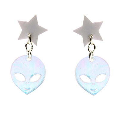 Star/Alien Dangle Earrings in White and Iridescent Hologram