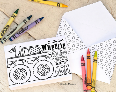 Printable monster truck mother's day coloring card