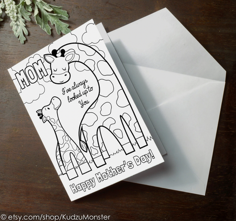 Printable giraffe mother's day coloring card