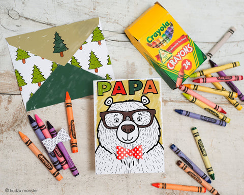 Printable papa bear coloring father's day card