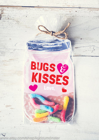 Printable bugs and kisses treat bag insert valentine